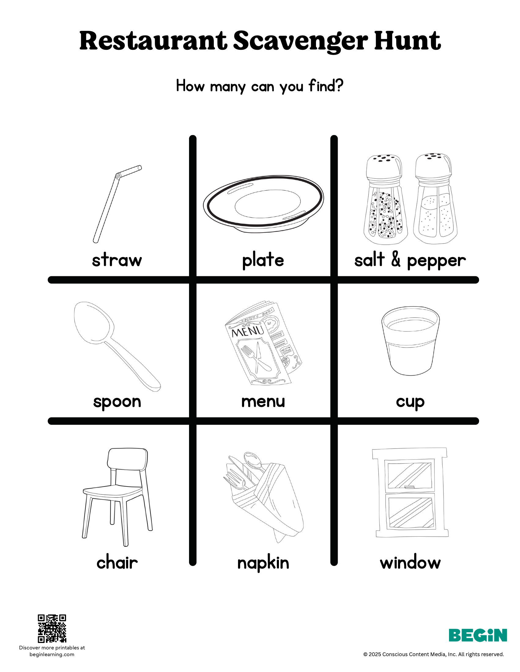 Restaurant Scavenger Hunt Black And White Worksheet