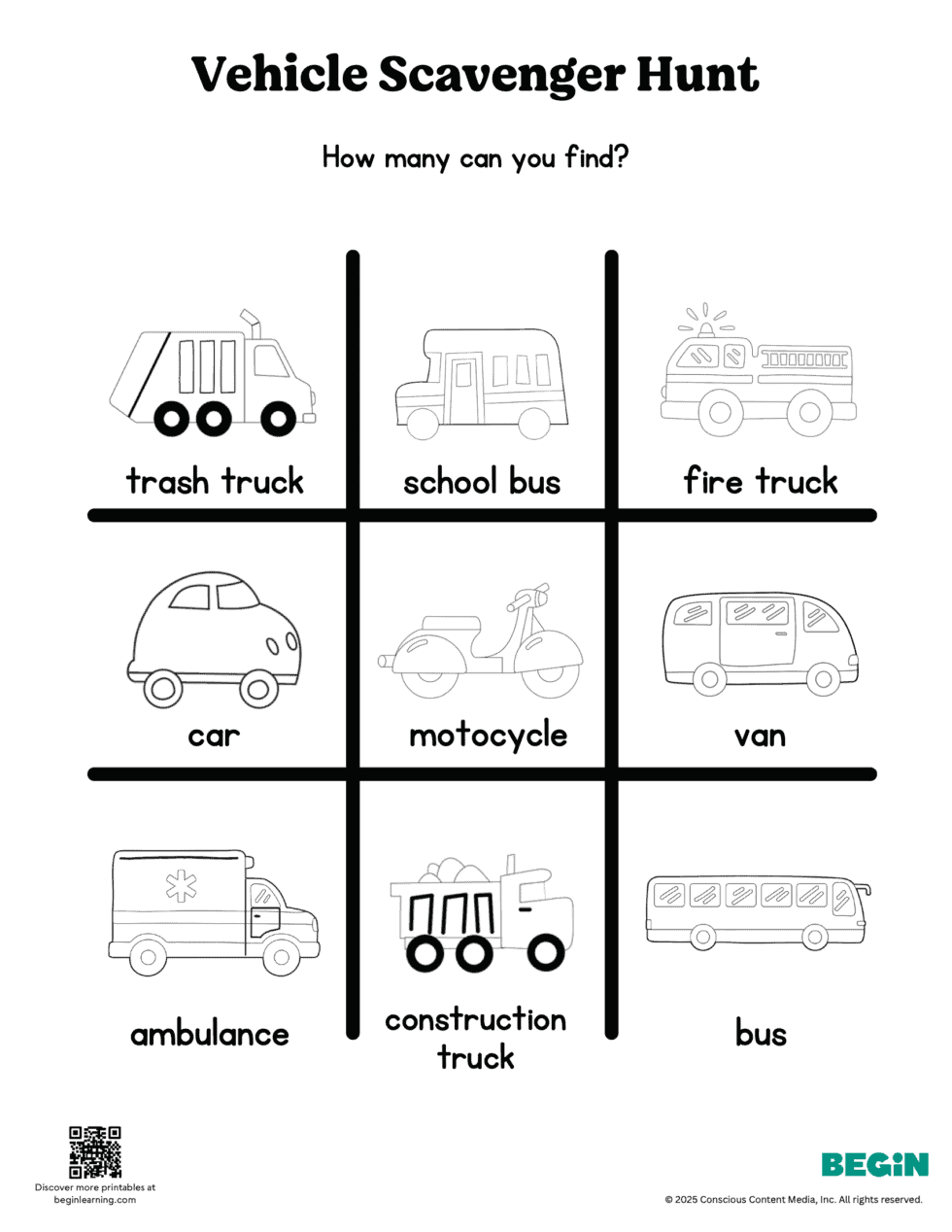 Free Printable Vehicle Scavenger Hunt For Kids | Begin Learning