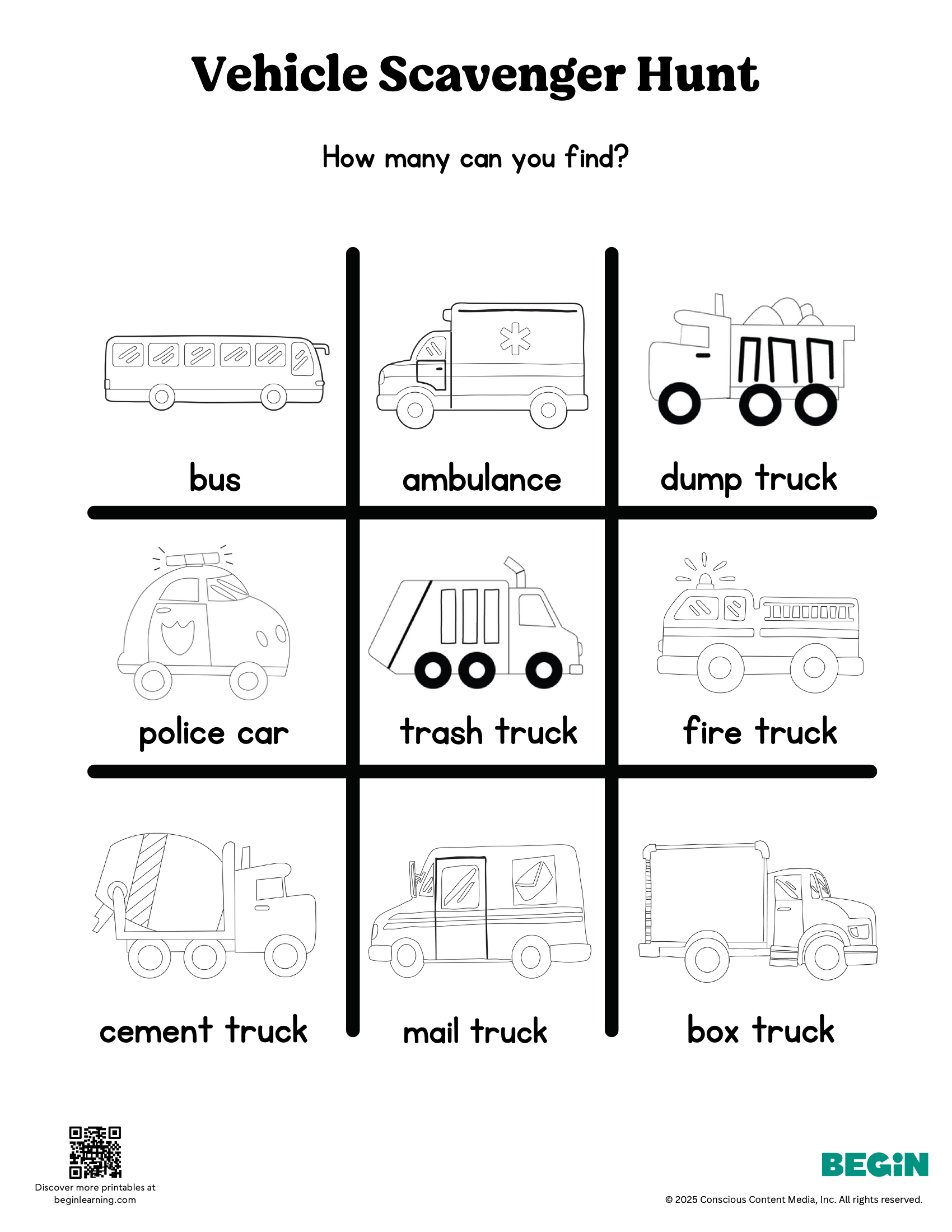 Car Scavenger Hunt Black And White Worksheet