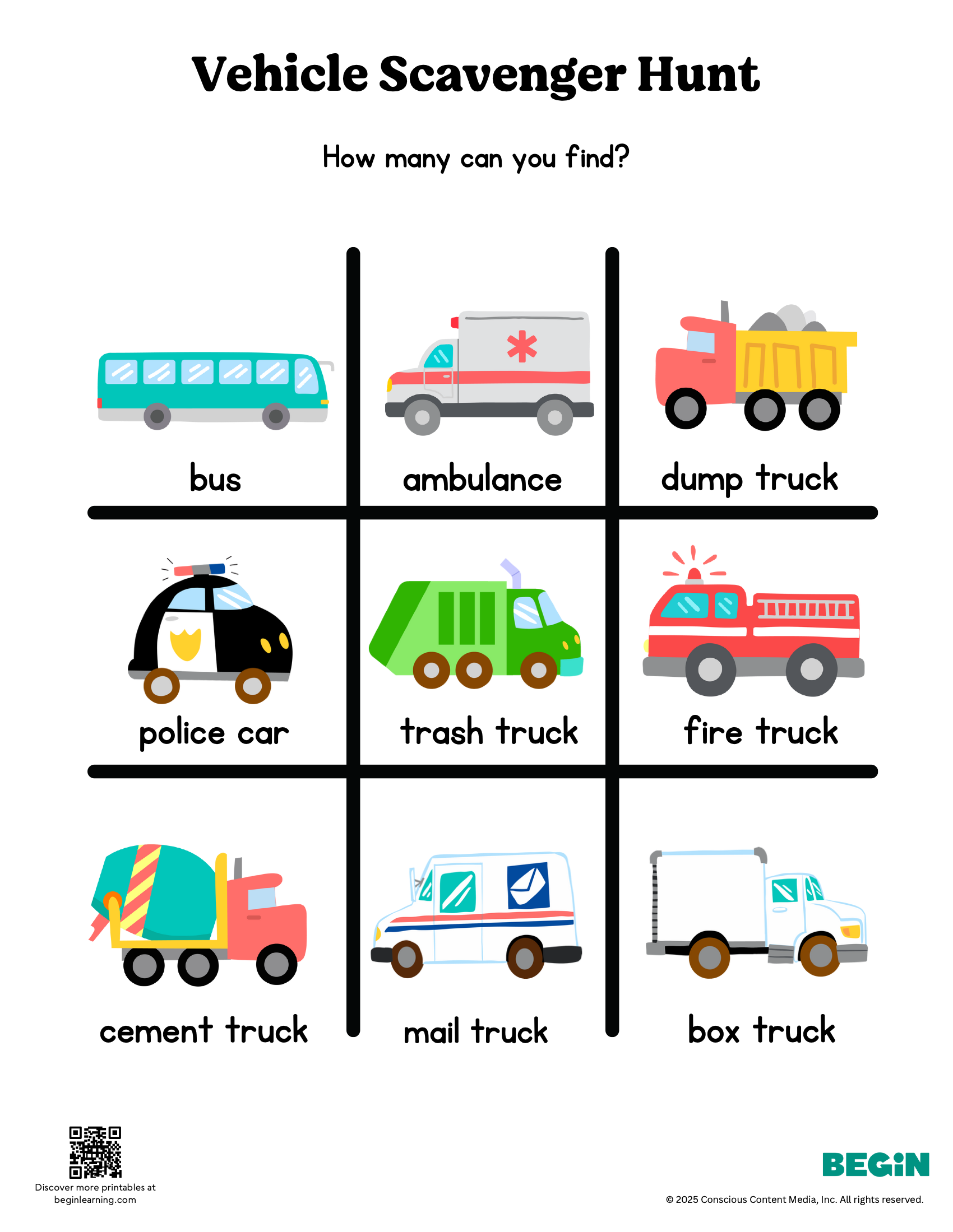 Car Scavenger Hunt Color Worksheet