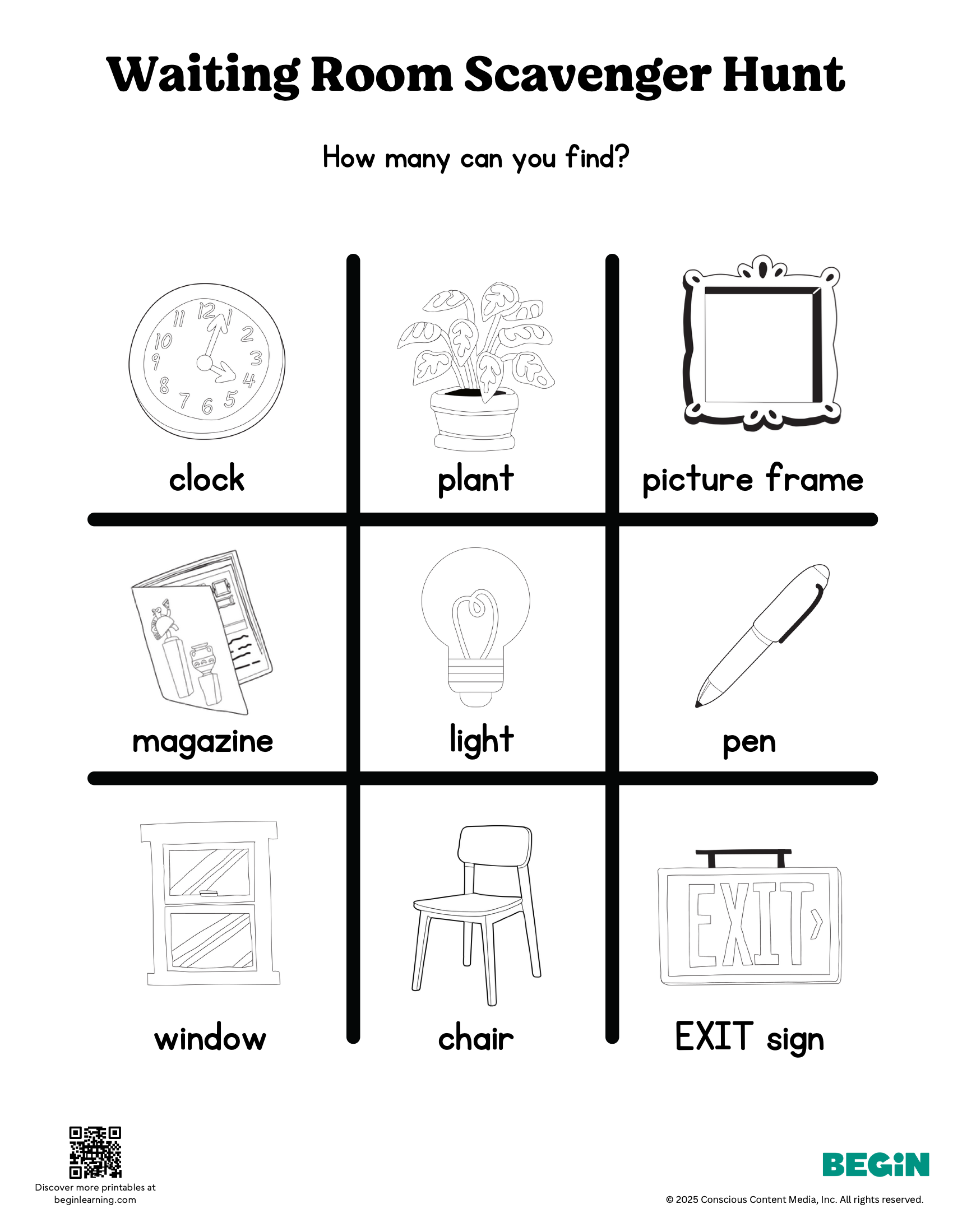 Waiting Room Scavenger Hunt Black And White Worksheet
