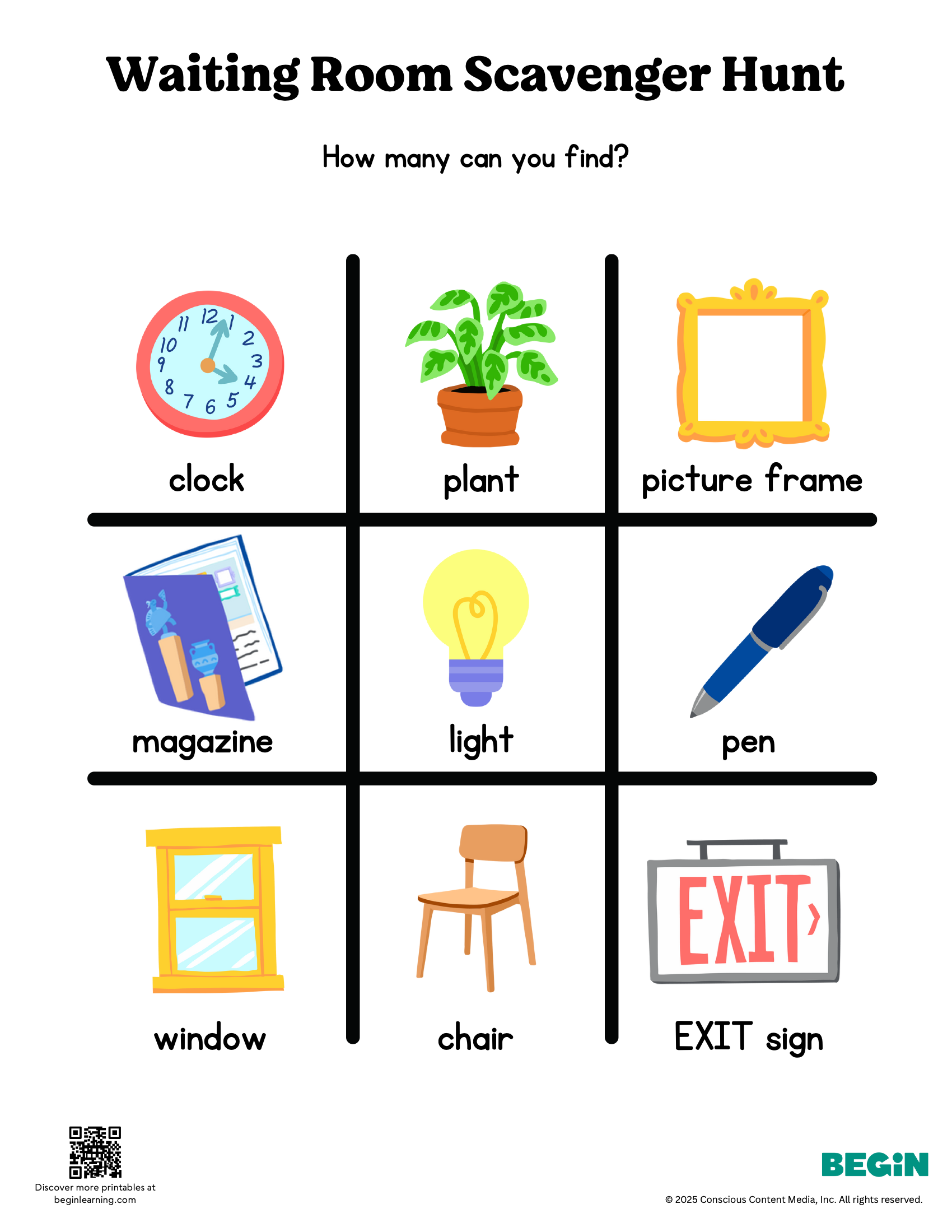 Waiting Room Scavenger Hunt Color Worksheet