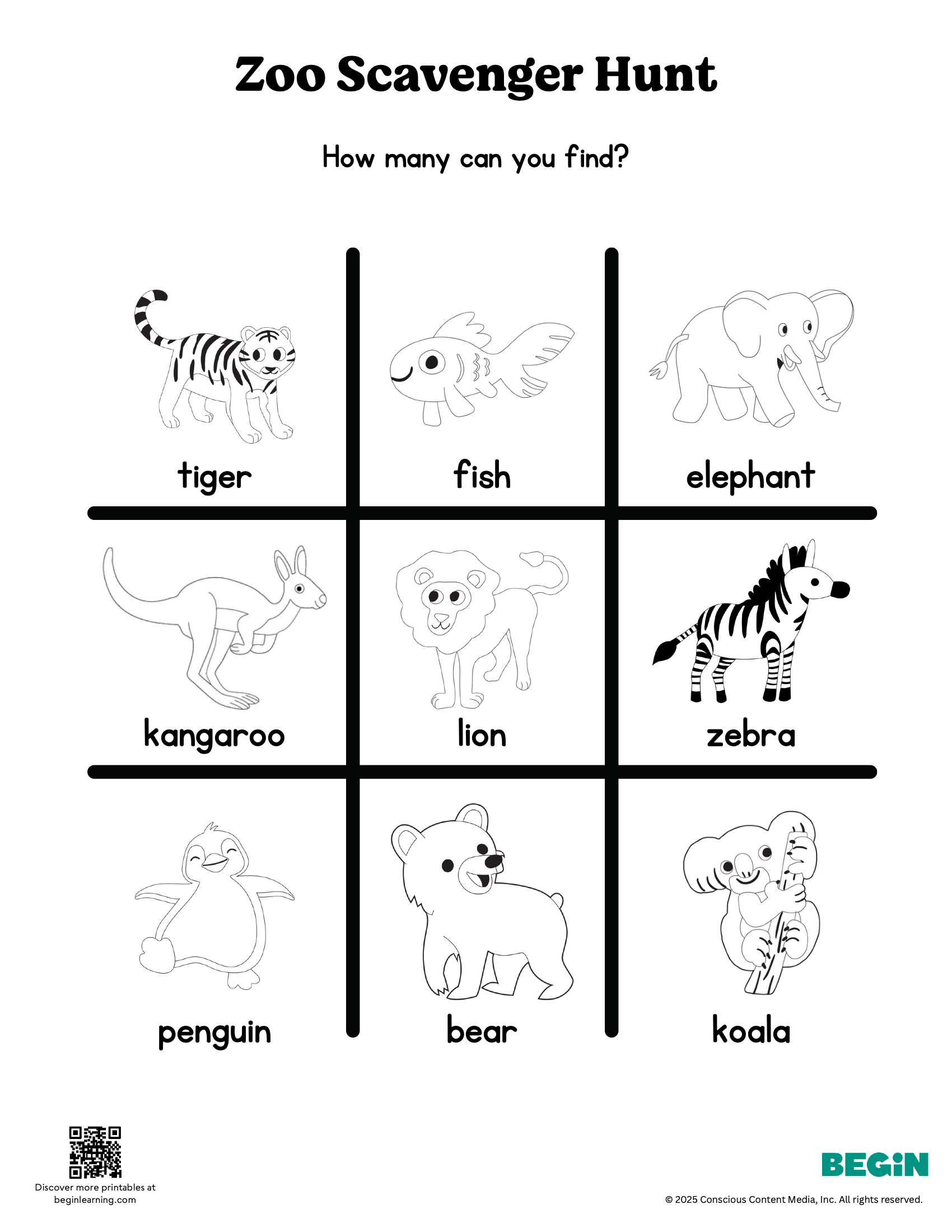 Zoo Scavenger Hunt Black And White Worksheet