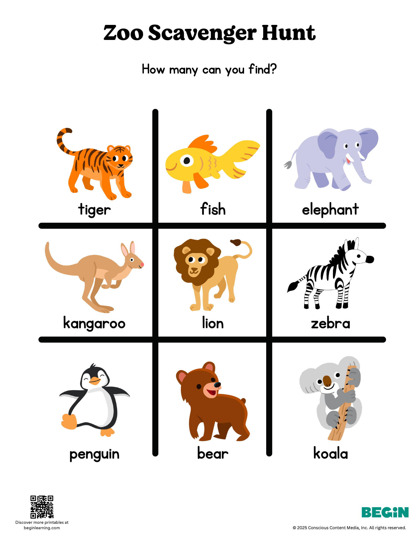 Zoo Scavenger Hunt Color Worksheet