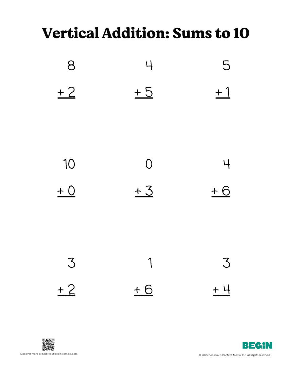 Free Vertical Addition (1 - 10) Printable Worksheets - Begin Learning