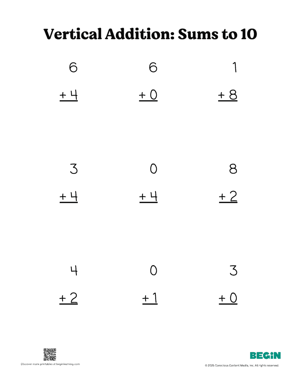 Vertical Adddition Free Vertical Addition (1 - 10) Printable Worksheets - Begin Learning