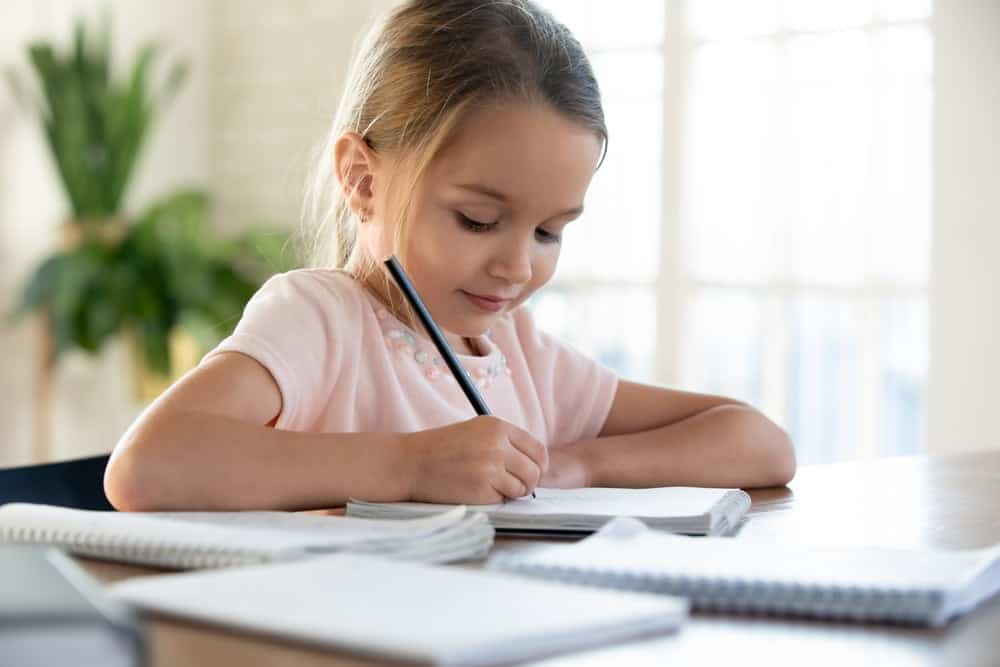 Happy little schoolgirl sitting at table, doing homework