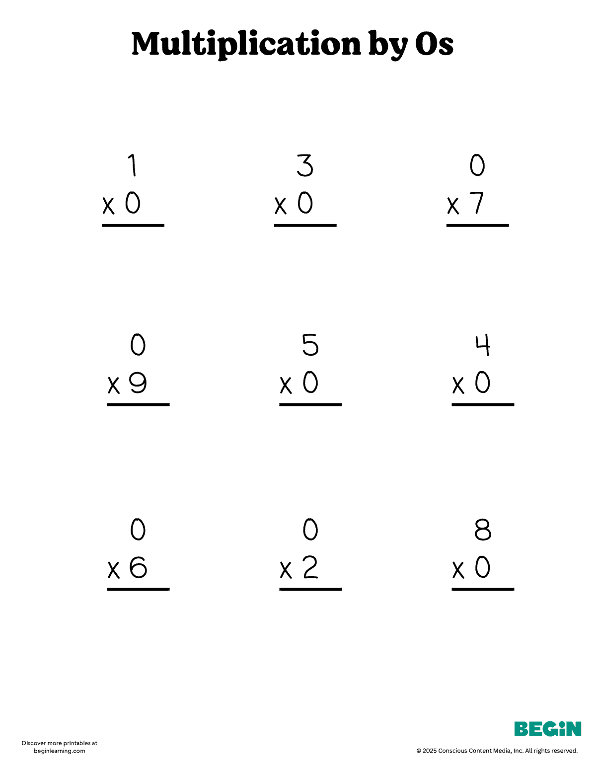 Printable Multiplication 0s