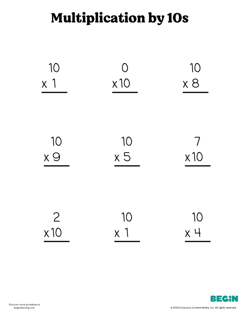 Printable Multiplication 10s