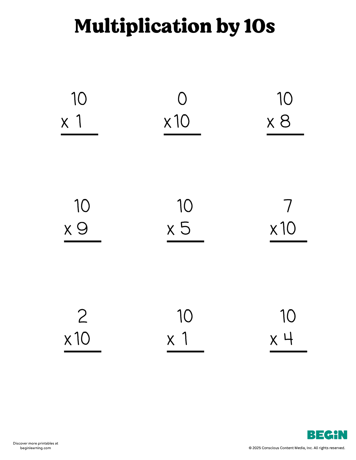 Printable Multiplication 10s