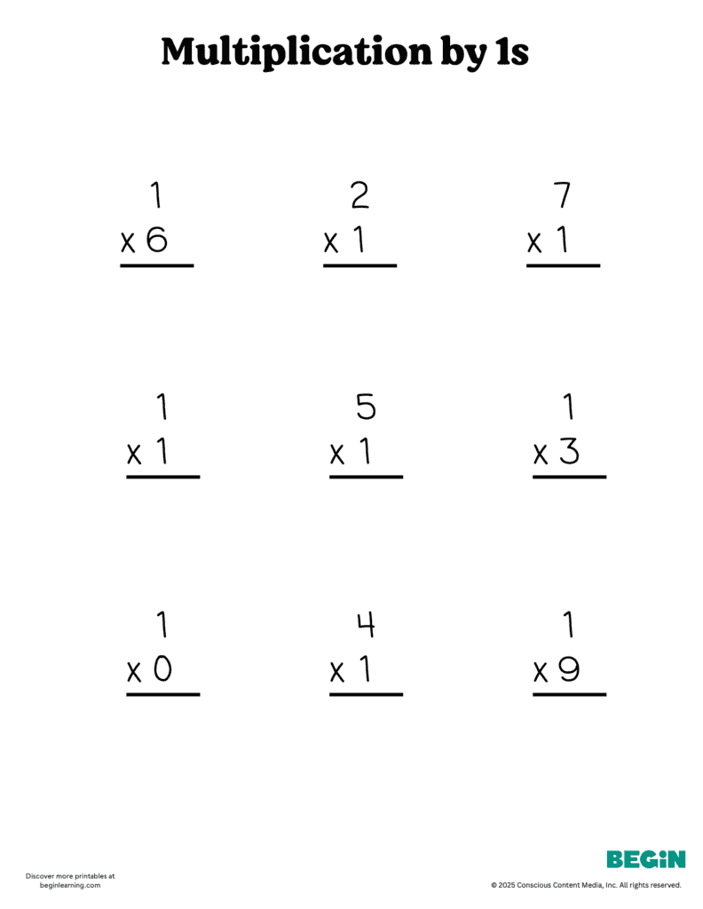 Printable Multiplication 1s