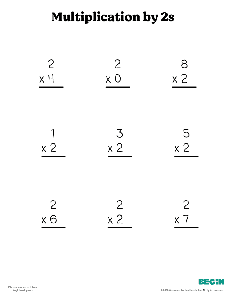 Printable Multiplication 2s