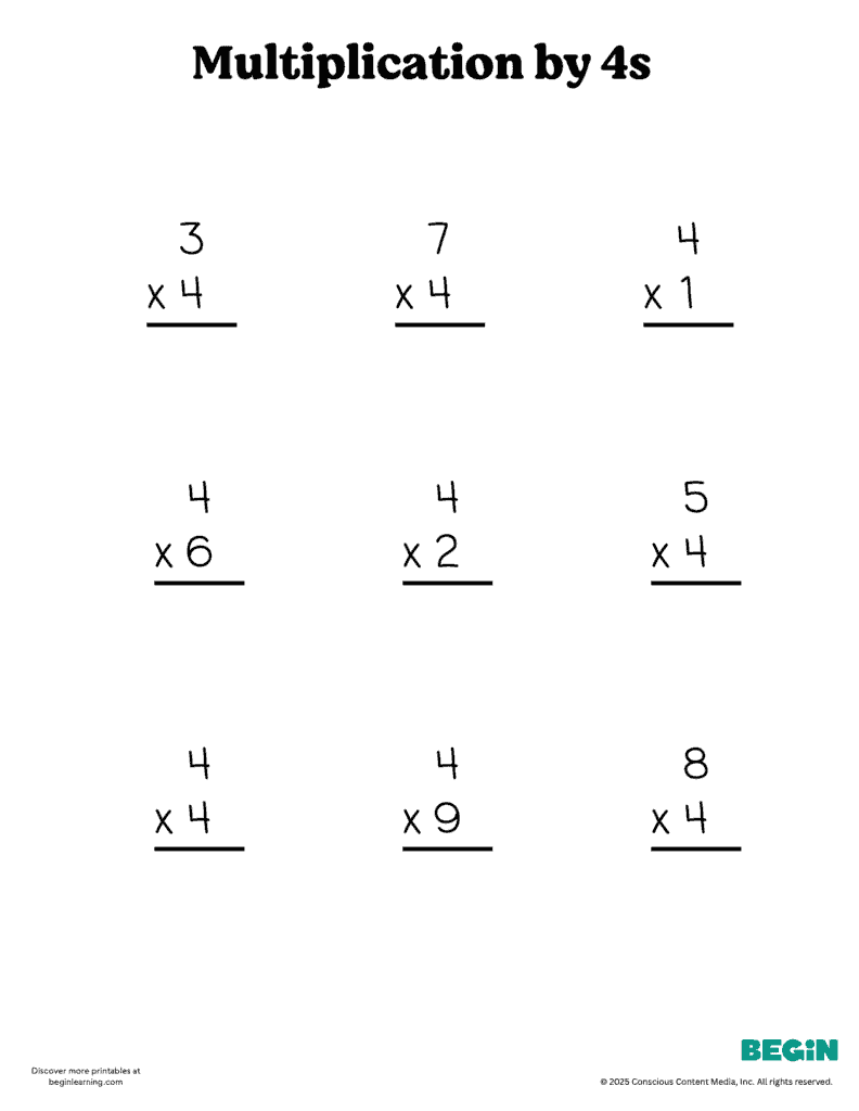 Printable Multiplication 4s