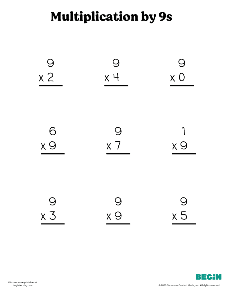 Printable Multiplication 9s